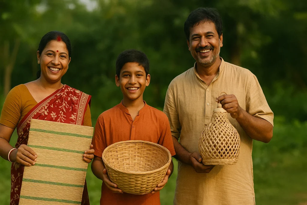 handmade eco-friendly products – korai grass mat, bamboo basket, and bamboo lamp, representing Bhumikart artisans.
