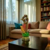 Handcrafted clay couple statue on a dark coffee table in a bright living room with sunlight filtering through sheer curtains.