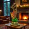 Handcrafted clay couple statue on a wooden table in a warm living room with a fireplace and candle-lit ambiance.