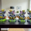 Handmade multicolor grey-toned burnt clay Ganesha musician figurines set of four, with yellow and orange accents, displayed on a dark table in a modern living room background.