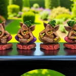 Handmade multicolor burnt clay Ganesha musician figurines set of four, displayed on a black surface with a garden background.