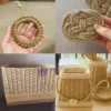 Various handmade jute rope crafts, including a circular ring, a woven coaster, a rectangular basket with ribbon detail, and decorative jute-wrapped containers with lace trim.