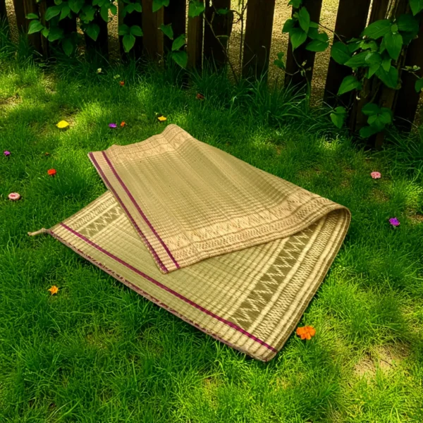 Folded Madurkathi grass mat with ethnic border placed on green grass in a natural outdoor garden setting.