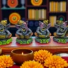 Handmade grey burnt clay Ganesha musician figurines set of four with yellow-orange details and green bases, displayed on a wooden surface with marigold flowers and a lit diya, against a festive background.