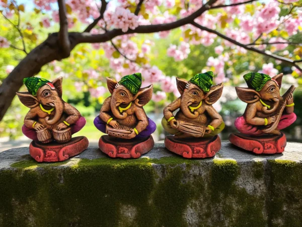 Handmade multicolor burnt clay Ganesha musician figurines set of four with green caps and vibrant detailing, placed on a moss-covered stone surface with blooming pink flowers in the background.