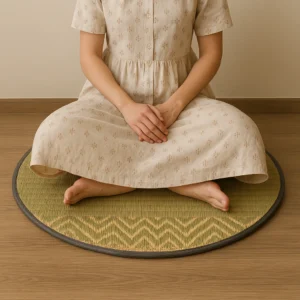 2ft round Madurkathi river grass mat with size diagram, close-up of stitched piping, and raw material source (river grass)