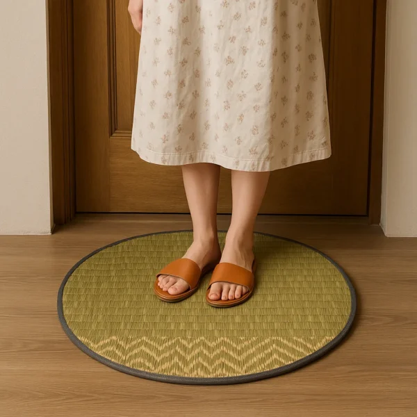 A person standing on a round, green natural grass mat placed on a wooden floor in front of a door, wearing brown slippers and a light floral dress.