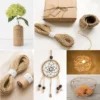 Assorted creative DIY crafts made with natural jute twine, including a wrapped vase with flowers, gift wrapping, dreamcatcher, handmade light shade, and decorative basket.