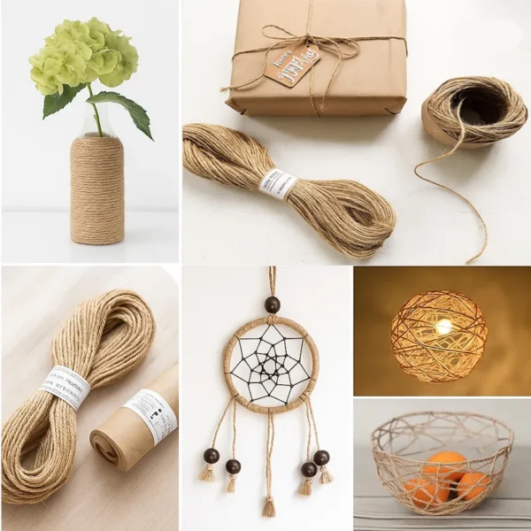 Assorted creative DIY crafts made with natural jute twine, including a wrapped vase with flowers, gift wrapping, dreamcatcher, handmade light shade, and decorative basket.