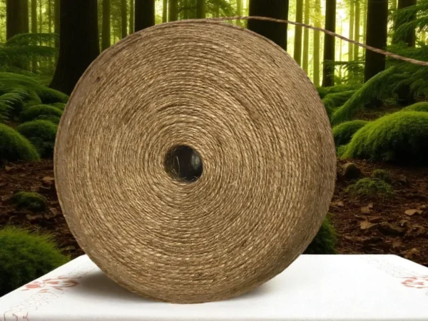 A large roll of natural jute twine placed on a white surface with a lush green forest background.