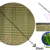 3ft round river grass carpet with stitching details, natural Madurkathi grass material, and labeled diagram showing size and edge piping