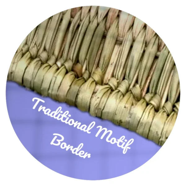 Close-up of a handwoven Madurkathi grass mat featuring a strong and intricate traditional motif border.