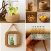 Assorted DIY home décor and craft ideas using natural jute rope, including a wrapped vase, pencil holder, ball of rope, hanging light, woven fruit basket, framed mirror, and a close‑up measurement of rope thickness.