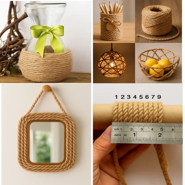 Assorted DIY home décor and craft ideas using natural jute rope, including a wrapped vase, pencil holder, ball of rope, hanging light, woven fruit basket, framed mirror, and a close‑up measurement of rope thickness.