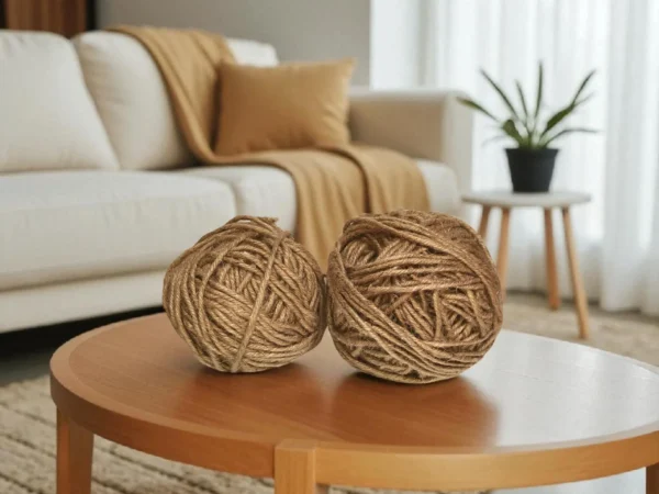 Two large balls of thick 5mm natural jute twine placed on a round wooden table in a cozy living room setting.