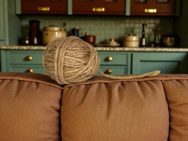 A ball of natural jute twine resting on the backrest of a brown fabric sofa with a kitchen in the background.