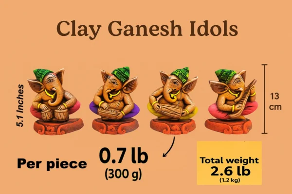Clay Ganesh Idol Set – 4 Musical Ganesha Statues | 5.1 Inch Each | 1.2 Kg Total | Handmade Clay Décor