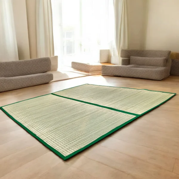 Large handwoven river grass mats with green borders placed in a bright, modern living room with beige floor seating.