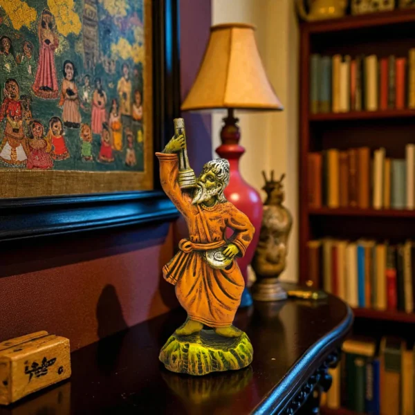 aul Man Clay Statue with Ektara placed on a wooden shelf in a traditional Indian home interior with books and folk painting in the background