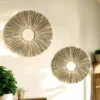 Two round sunburst-style wall hangings made from natural grass straw, mounted on a cream-colored wall with sunlight casting warm shadows and plants nearby.