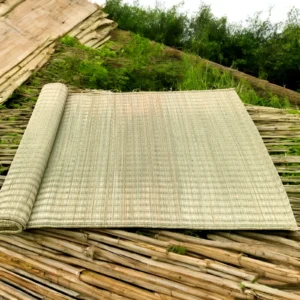 Rolled-out natural Madurkathi grass mat displayed outdoors on bamboo surface with greenery in the background.