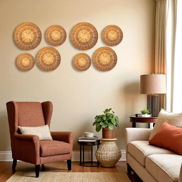 Handwoven bamboo wall baskets arranged in a boho-style living room above an armchair and sofa set