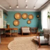 Five handwoven bamboo wall baskets mounted on a teal accent wall in a cozy, vintage-style living room with wooden furniture