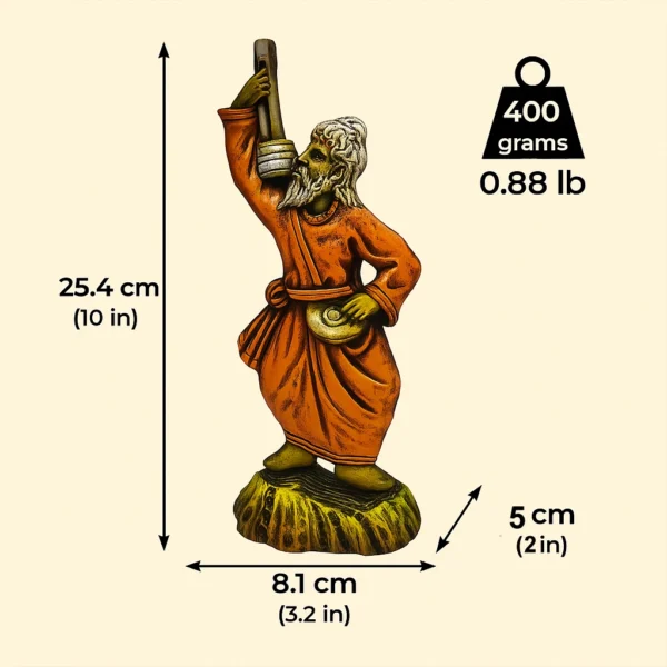 Infographic of Handcrafted Baul Man Clay Statue with labeled dimensions and weight