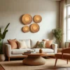 "Set of 4 beige bamboo wall baskets arranged above a sofa in a cozy, boho-style living room interior"
