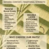 Infographic highlighting features of a handwoven Korai grass mat with labeled sections showing natural grass texture, double-layer stitching, and usage benefits