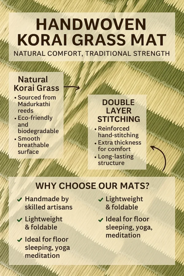Infographic highlighting features of a handwoven Korai grass mat with labeled sections showing natural grass texture, double-layer stitching, and usage benefits