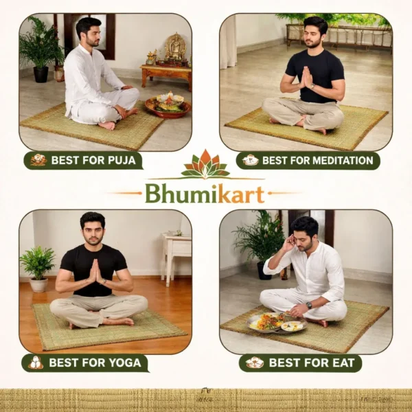 Handmade 20x20 inch kusha grass puja mat placed on wooden floor, natural woven madurkathi sitting aasan for puja, meditation and yoga