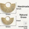 Infographic showing two handmade natural grass half-moon wall hangings with size dimensions, labeled features including “Handmade,” “Natural Grass,” and “Includes Wall Hook.”