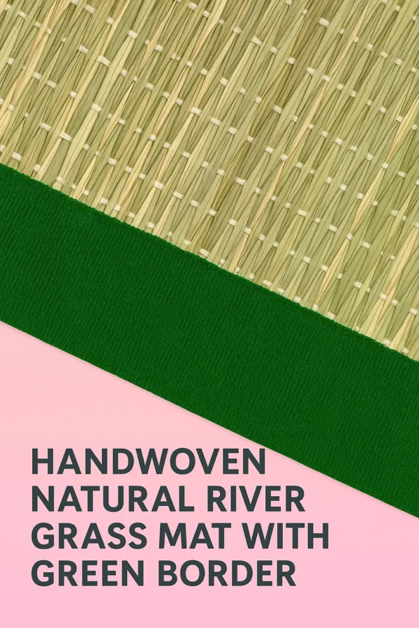Close-up view of handwoven river grass mat with detailed green fabric border showcasing natural texture and weaving pattern.