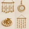 Handmade cowrie shell wall hangings and pooja decor set with bells and mirror – natural boho home décor