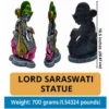 Three-view image of a 10.5-inch handcrafted Saraswati clay statue with veena and swan, showing front, side, and back angles along with size and weight specifications.