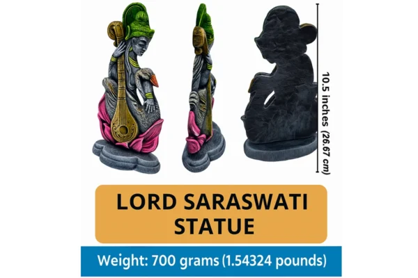 Three-view image of a 10.5-inch handcrafted Saraswati clay statue with veena and swan, showing front, side, and back angles along with size and weight specifications.