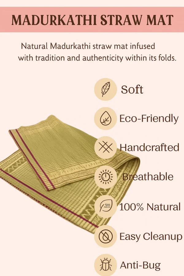 Handwoven natural Madurkathi straw mat with ethnic border, displayed on a soft indoor background.