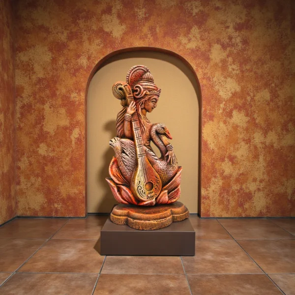 Handcrafted clay Goddess Saraswati idol with veena and swan, placed in an arched niche, showcasing traditional Indian terracotta craftsmanship.