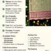 Infographic of a handwoven river grass mat with a zoomed-in section showing the pink-maroon border and tribal patterns, set on green grass with colorful flowers, alongside key product features, sizes, usage, and care instructions.