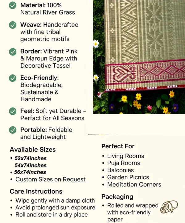 Infographic of a handwoven river grass mat with a zoomed-in section showing the pink-maroon border and tribal patterns, set on green grass with colorful flowers, alongside key product features, sizes, usage, and care instructions.