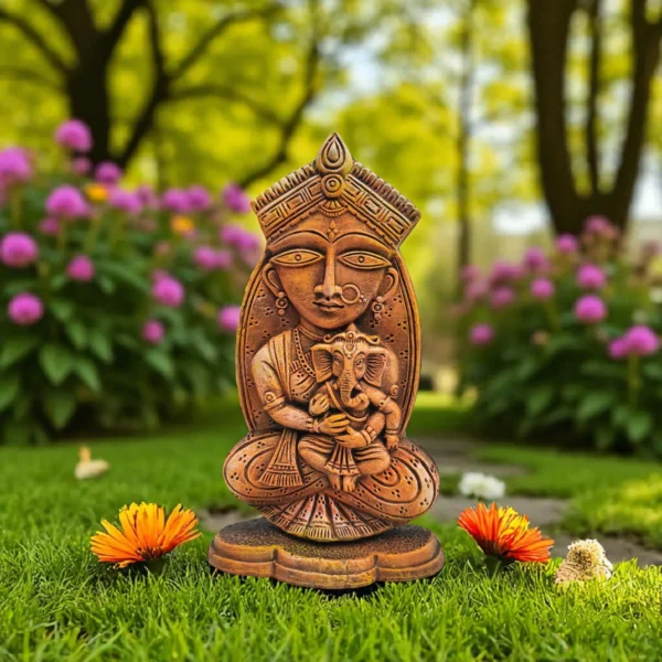 Handmade Burnt Clay Durga Maa Statue – Terracotta Idol with Ganesh Ji (10.5×6×2 inch, 900g)