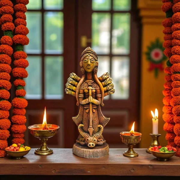 Handmade burnt clay Maa Durga idol placed on a decorated altar with marigold garlands, oil lamps, and offerings.