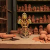 Handmade burnt clay Maa Durga terracotta idol placed in a traditional artisan workshop surrounded by clay tools and sculptures.