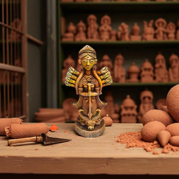 Handmade burnt clay Maa Durga terracotta idol placed in a traditional artisan workshop surrounded by clay tools and sculptures.
