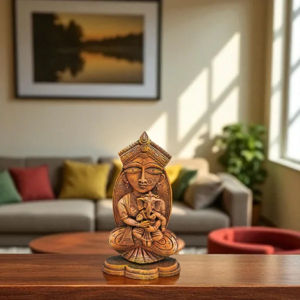 Handmade Terracotta Durga Maa Statue with Ganesh Ji – Burnt Clay Decorative Idol for Living Room (10.5×6×2 inch, 900g)