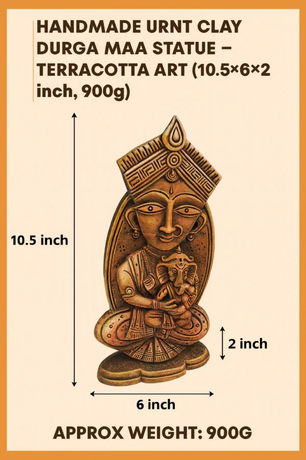 Infographic of Handmade Burnt Clay Durga Maa Statue – Terracotta Art Idol with Size 10.5×6×2 inch and Weight 900g