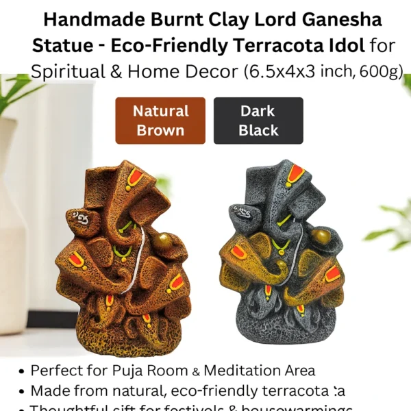 Infographic of handmade burnt clay Lord Ganesha statues in two color variants (Natural Brown and Dark Black), with product details, size 6.5×4×3 inch, weight 600g, and highlighted features for puja, meditation, and gifting.