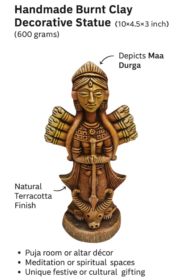 nfographic of a handmade burnt clay Maa Durga decorative statue with highlighted features, dimensions (10×4.5×3 inch), and weight (600 grams).