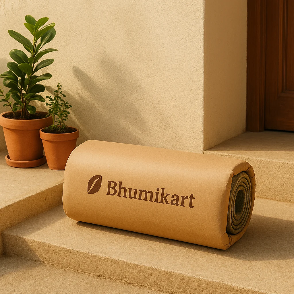 Bhumikart eco-friendly rolled mat package wrapped in kraft paper with Bhumikart tape, placed at a doorstep beside potted plants in natural morning light.